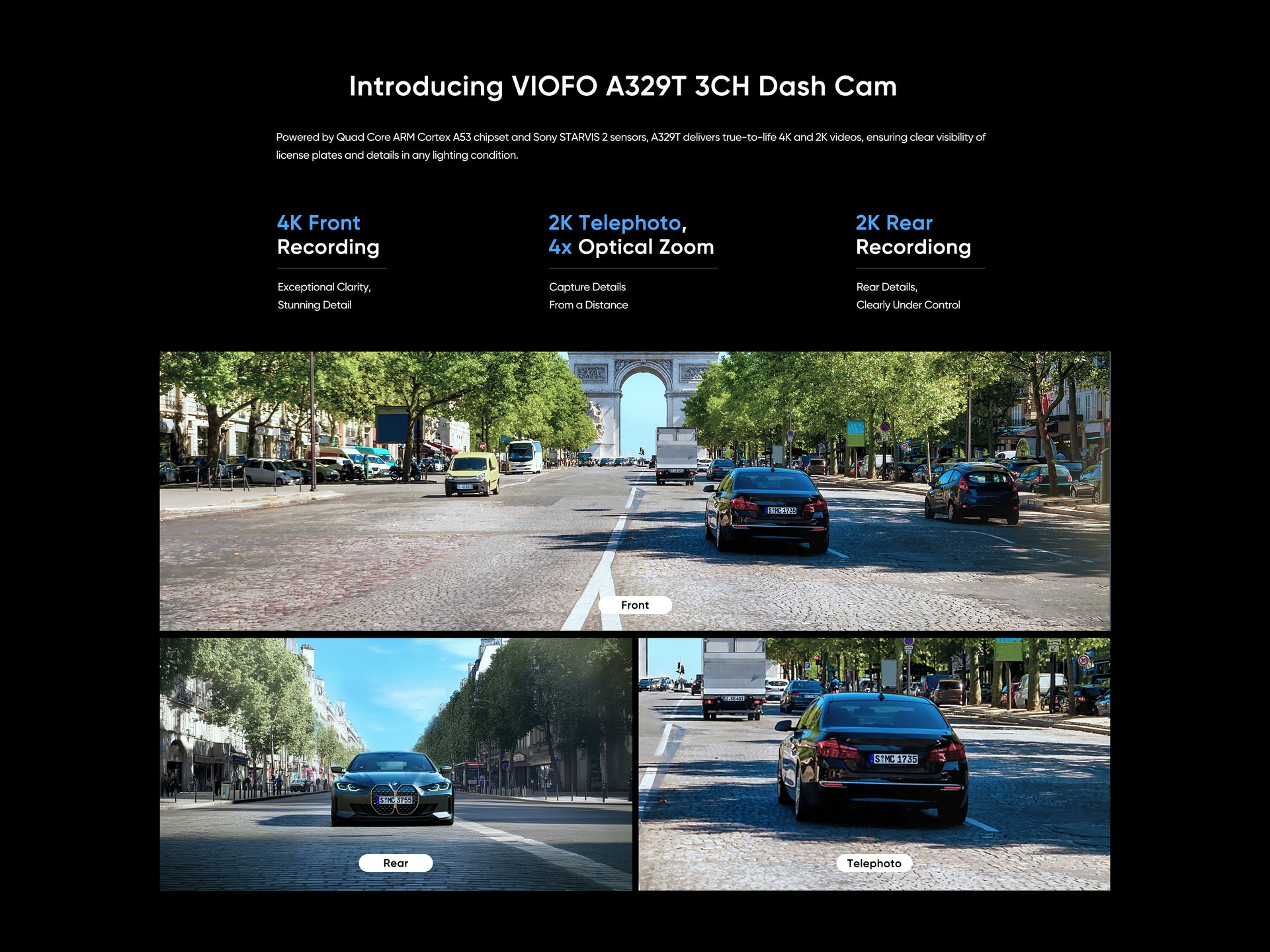 VIOFO A329T 4K Telephoto Dash Cam — 3-Channel (Front + Rear + Telephoto) feature 3
